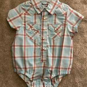 Wrangler Baby Plaid Romper in Light Blue and Rust